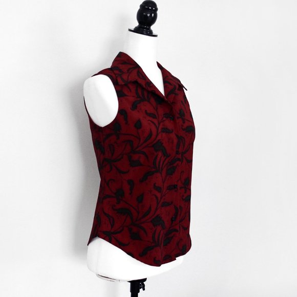 Vintage Deep Red Sleeveless Blouse Rayon, Floral Print - Picture 1 of 5